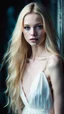 Placeholder: portrait of an 18 year old pretty female with pale skin. Her long blonde hair hangs loose on her shoulders. Shes wearing a simple white dress. Her eyes are different colours. Dark fantasy. Hyperrealistic