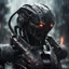 Placeholder: ominous rainy atmosphere. a close up portrait of a dark, evil combat robot holding a heavy plasma gun over its shoulder. photorealistic. the matrix meets the Borg, meets predator. armour plates. targeting components. it's approaching you from the shadows. it's battle damaged. some burn marks and scars. one eye is a laster targeting device. a round photoframe in similar style surrounds the portrait.