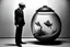 Placeholder: imitating analog photography in black and white, man with a fish tank instead of a head, three-piece suit, in a desert, realism, pen painting style