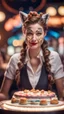 Placeholder: portrait of cute woman muzzled like a cat, baker of the highest advanced art cake sculpture during a casino game show, bokeh like f/0.8, tilt-shift lens 8k, high detail, smooth render, down-light, unreal engine, prize winning