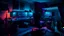 Placeholder: Dimly lit gaming room, with a single desk with a gaming PC, two monitors on the desk, gaming chair, bed in the background, the room is filled with neonlights, night time, atmospheric, detailed.