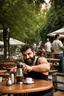 Placeholder: half figure photography of an ugly turkish barman servicing one coffee at the table, big chubby shirtless short beard short hair, mainly chest very hairy 25 years old man, in a public park of Istambul , sunny day, sweat, wet, big shoulders, angry eyes, photorealistic