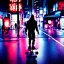 Placeholder: photo of a ninja riding a skateboard; in an alternate universe in tokyo; cyberpunk; realistic; rain; neon signs