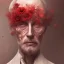 Placeholder: Extremely detailed portrait of man with a fading head into oblivion with red flower accents, digital painting.