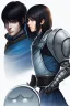 Placeholder: Motoko Kusanagi from "Ghost In The Shell (1995)", clad in medieval stell plate armour, alone, blue eyes, perfect, beautiful, black hair, realistic proportions, androgynous