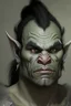 Placeholder: Portrait of an half-orc, grey skin, two large lower tusks, proud look, short dark hair