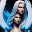 Placeholder: A beautiful portrait of a cute smiling cyberpunk woman with long blond hair, high key lighting, volumetric light high details with white stripes and feathers and blue luminous celtic paterns and wings, starry background