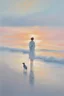 Placeholder: Craft an impressionistic painting of a solitary figure standing at the edge of a calm sea, with a dog by their side. The scene is set at sunrise, with the sky and sea awash in a brilliant array of colors—soft blues, gentle golds, and subtle pinks, all reflecting off the water's surface. The brushstrokes are visible and textured, giving the painting a dreamy, vibrant quality. The figure and the dog cast long reflections on the water, creating a harmonious connection between them and the surroundi