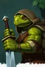 Placeholder: Generate a portrait of a male tortle. He is a ranger. He wields a great sword. His skin is green. He wears hooded armor. His eye color is brown. He looks wise. He is from the forest.