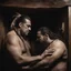 Placeholder: half figure shot photography of two angry gipsy 41 years old burly chubby ugly men embracing tightly from back, leaning forward, dreadlocks, shirtless, in a sauna full of steam, dim lights, side light, ambient occlusion,