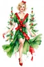 Placeholder: realistic full body watercolor painting of a beautiful young short blonde hair woman, happy green eyes, red lips, her dressed in a green silk dress that reaches to the knee with red accents, she wears a red and green silk ribbon, her neck adorned with a short red ribbon, she is wrapped in a garland of bright lights that surrounds her body with the typical colors of Christmas, full body, in her hand a gif, digital art