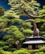 Placeholder: Japanese tea house with a large brontosaurus statue in outer space with a nebula backdrop and otherworldly trees