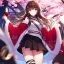 Placeholder: Clear focus,8k,Beatiful Lighting,Beatiful Blur,Beatiful Shading,Brown long hair,fluffy hair, long fluffy bangs, Brown eyes, wearing a top half of a kimono but under is a short skirt, cherry blossom falling, detailed clothes, circles near the end of her sleeves, skirt gets darker,bandage near arm