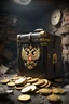 Placeholder: in a LARGE BASEMENT, half-buried in the earth, an ancient, worn-out, worn-out, torn-side valise peeks out, from which gold coins from the time of Catherine the Great fall out. The ancient coat of arms of Russia, the double-headed eagle, is BARELY VISIBLE on the bag. There are a lot of broken bricks and earth around the bag. All in high quality 8K