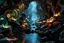Placeholder: photography of a sci-fi ecosystem. metallic recursive architectural elements merging with organic bioluminescent plant life. The water in the nearby stream shows impossible fractal ripples and metallic sheen. Intricate procedural patterns, high-tech nature, hard-surface modeling aesthetics mixed with soft organic curves, subsurface scattering on petals, high-gloss metallic reflections, 4k, Octane Render style.