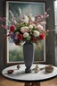 Placeholder: sunny summer day at 10 a.m. volumetric lightning, professional studio photography with Leica Hermes Edition M7 camera of intricate qwilling floral bouquet in a metamodernist knit vase on brutalist knit table, contemporary urban art gallery context, hyper detailed, hyperrealistic, intricate details, inspired by Cecilia Paredes, eye-catching, vivid