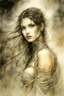 Placeholder: Hyper-photorealistic watercolor art style by Luis Royo, Surreal fine art etching of a figure by Luis Royo, tanned skin inscribed with the transient story of mortality, ethereal light playing with its form whispering tales of an eternal realm, eyes, black as the depths of the night, ardently pinand looking towards the endless skies, of black hair mirroring the mystery of the cosmos around, whole scene tinged with an ethereal softness from volumetric lighting, hues gr,