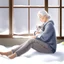 Placeholder: create a sleeping grey haired middle aged woman with chin length hair, sitting on a chair, in front of a window, holding her beloved gray and white tabby Oriental shorthair cat, also sleeping, in her arms. Serene peaceful calm. the snow falling outside