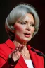 Placeholder: A preety woman in her early 50s having a presidential speech in front of a huge building