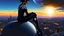 Placeholder: A white woman with black hair, in an android-looking catsuit, sitting on a rock, sideways, with Saturn planet behind her, filling most of the sky, a futuristic city on the horizon, evening sunlight