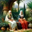 Placeholder: oriental arabic 2 woman sitting in a oriental garden painting