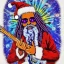 Placeholder: TRIPPY, ACID, LSD, WOODSTOCK, hippie Santa playing electric guitar, psychedelic, peace sign, MUSHROOMS, dreadlocks