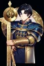 Placeholder: A handsome 30 year old knight, black hair, dark blue eyes, male bob haircut, in black-and-gold plate armor, no beard, european, portrait