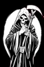 Placeholder: hooded Grim-Reaper gripping a staff with both hands, vignette, black and white graphic novel style with a red outline, and black background,