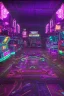 Placeholder: A dark photo of a full panoramic view an 80's aesthetics arcade at night, with a lot of functioning arcade machines, a vaporwave floor and some colorful tiles in between the floor. Purple aesthetics. Full panoramic view.