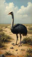 Placeholder: An Ostriches head buried her head in the sand show her body without a head in a forgotten battlefield overrun by vegetation, cutesy tiktok detailed oil painting, grainy, old style