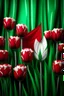 Placeholder: The flag of the Islamic Republic of Iran with red tulips