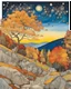 Placeholder: Autumn colors, peaceful, Egon Schiele, Max Ernst, night sky filled with galaxies and stars, rocks, trees, flowers, one-line drawing, sharp focus, 8k, deep 3d field, intricate, ornate, one million strokes