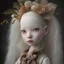 Placeholder: a close up of a doll with a flower in her hair, cgsociety award, portrait of albino mystic, skinned, by Huang Ji, theron, photograph magazine, portrait of saitama, kid, scales skin dog, unusually unique beauty, stephen wayda, fertile, shot with Sony Alpha a9 Il and Sony FE 200-600mm f/5.6-6.3 G OSS lens, natural light, hyper realistic photograph, ultra detailed -ar 3:2 -q 2 -s 750