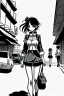 Placeholder: girl walk on the streets, manga style, line arts illustration