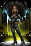 Placeholder: Create a digital airbrush cartoon of an African American female wearing a black jean outfit with timberland boots. Prominent make up with hazel eyes. She is wearing large diamond hoop earrings. Extremely highly detailed very long curly hair that shines. Background of a night club.