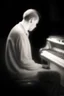 Placeholder: Hombre, pianista, tocando el piano, mirando hacia su derecha, fuertemente iluminado desde, blanco y negro vaporoso, al estilo del fotógrafo Hugo Alonso
