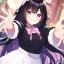 Placeholder: Clear focus,High resolution, Black long fluffy hair, and purple eyes, Teen, Sassy, black shirt, white collar pink bow, white short skirt, cute, smile, hands out, reaching out to you