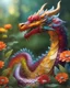Placeholder: llustration of a dragon made of glass, full body shot, vivid color, depth of field, bright forest of colorful flowers