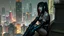 Placeholder: cyber-goth warrior woman in black lips, black cyber-goth clothes sitting on rooftop in matrix city, utopistic scifi, dark colors, random matrix city background, high detailed, high realistic