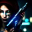 Placeholder: portrait,beautiful female Cyborg, Holding one Gun aiming at viewer, intense stare, sad eyes, post-apocalyptic in a cyberpunk city, realistic, intriacte detail, sci-fi fantasy style, volumetric lighting, particles, highly detailed ,cinamatic , deep colours,8k, by Caravaggio