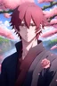 Placeholder: [Waterscape] In anime, a maroon-haired, single male character and a rose flower are in Sakura. [8K resolution, high quality, ultra graphic, and detailed with lines.]