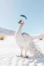 Placeholder: A white peacock with white feathers and white head standing in a background all white desert