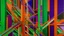 Placeholder: Abstract composition with intertwining green tubes, orange lines, and geometric shapes against a pink and purple background