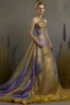 Placeholder: Stunning utopian gown with lavender and gold. Hyper realistic standing model