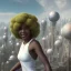 Placeholder: Ultra realistic photo. volumetric lighting , scientist. Young black woman, young, big smile. Joy. smiling. Afro futurism. Afro puffs. Blue hair. Ombré hair Cotton candy. Futuristic cities in background. Space. Space travel. Silver. Cities