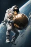 Placeholder: close side view of An astronaut sitting on a large steel ball.floating in the air, wide legs, holding on to the chain