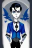 Placeholder: black haired blue eyed young man necromancer with gothic jewelry in the style of charles addams