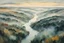 Placeholder: Aerial view painting of an expansive mist laden river forest landscape, pierced by shafts of soft sunlight at dawn , in the Expressionist style of Egon Schiele, Oskar Kokoschka, and Franz Marc, in muted natural colors,