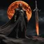 Placeholder: Sauron, the mighty lord of darkness, standing on a rock in the dark land of Mordor, a super-hero man of infinite power and technology of the galactic race, with a great army, a large moon disk behind him, and a fiery sword in his hand