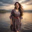 Placeholder: Hyper Realistic Young-Happy-Pashto Woman wearing checkered-patterned dress on riverside at cloudy sunset with dramatic ambiance